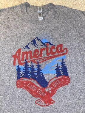 America Land That I Love Graphic Tee Adult 2XL Gray Hike Camping Eagle Mountains